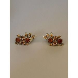 Signed Coro Vintage Textured Gold Tone Orange Brown Rhinestone Clip On Earrings